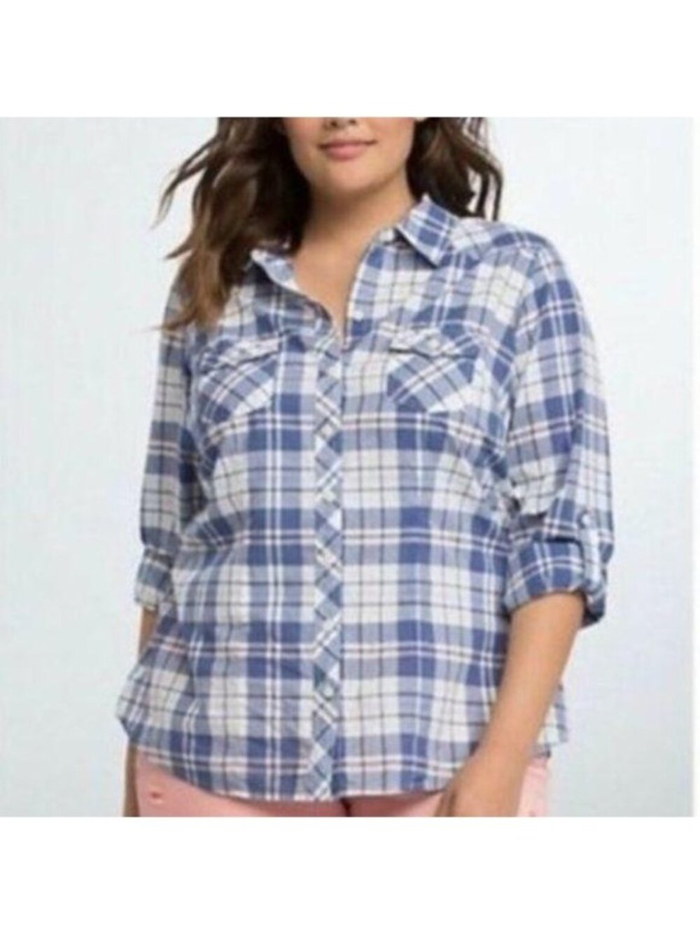 Torrid Womens Blue Plaid Button-Up Shirt Size S Lightweight Casual Top With Roll